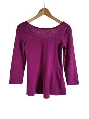 Express Plum Purple Peplum Top Sheer Floral Lace Yoke Size Medium